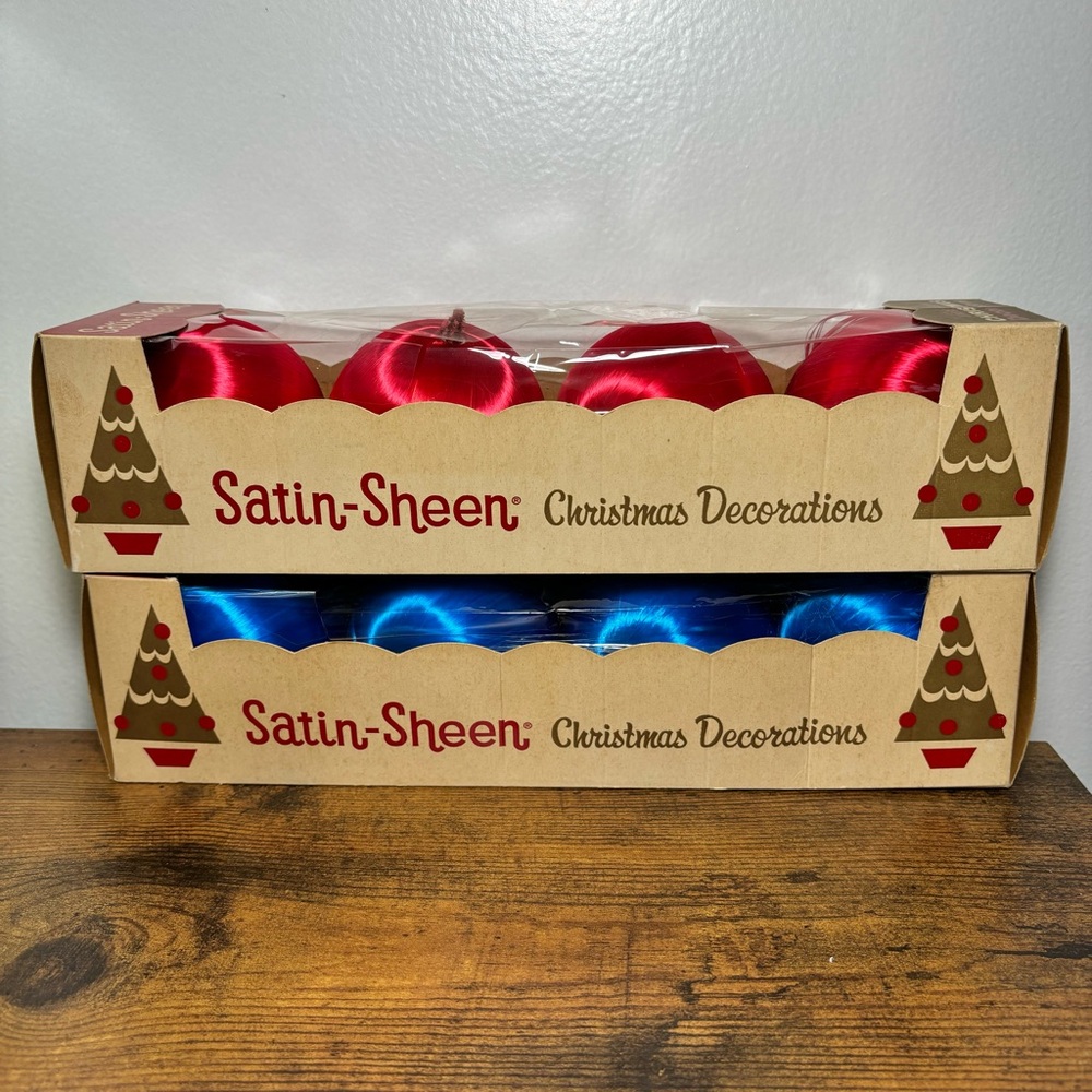 Vintage Satin-Sheen Unbreakable Christmas Bulbs Red & Blue with Original Boxes